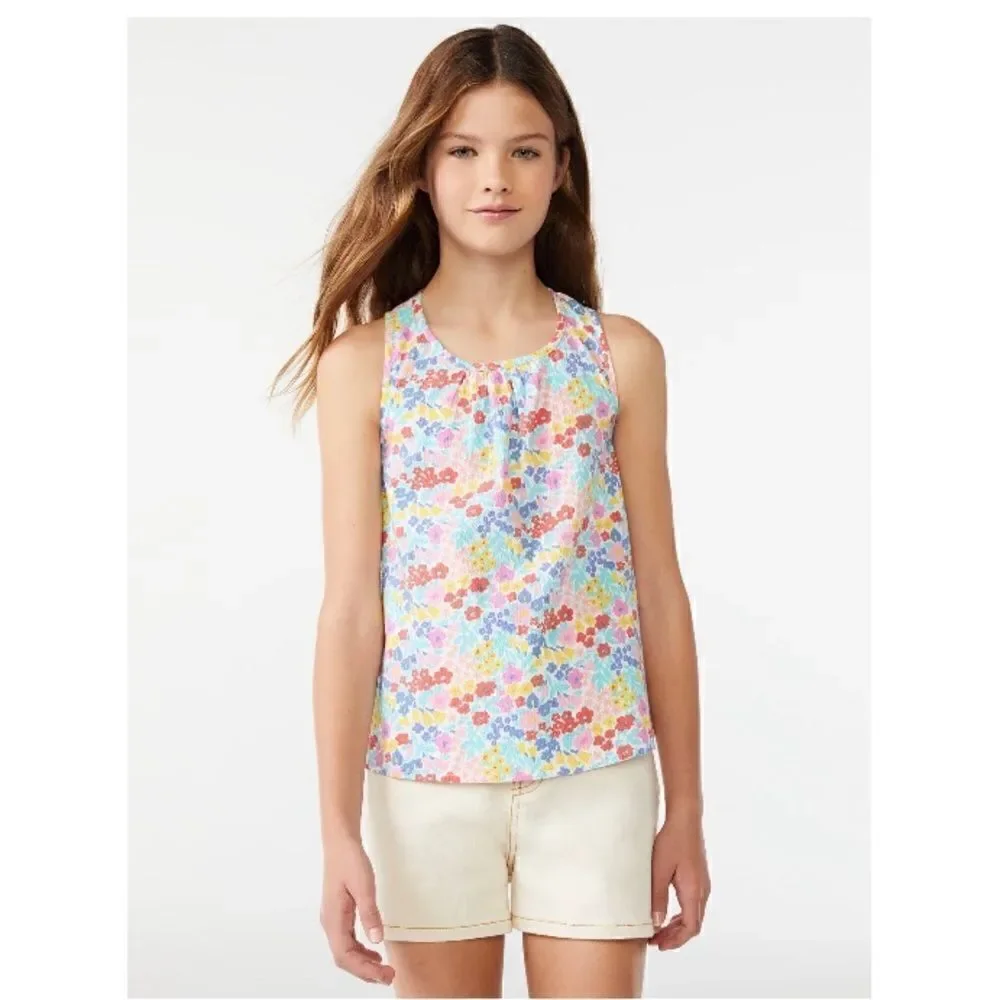 Girls Sleeveless Woven Tank Top & Crochet Denim Bermuda Shorts 2-Piece Set